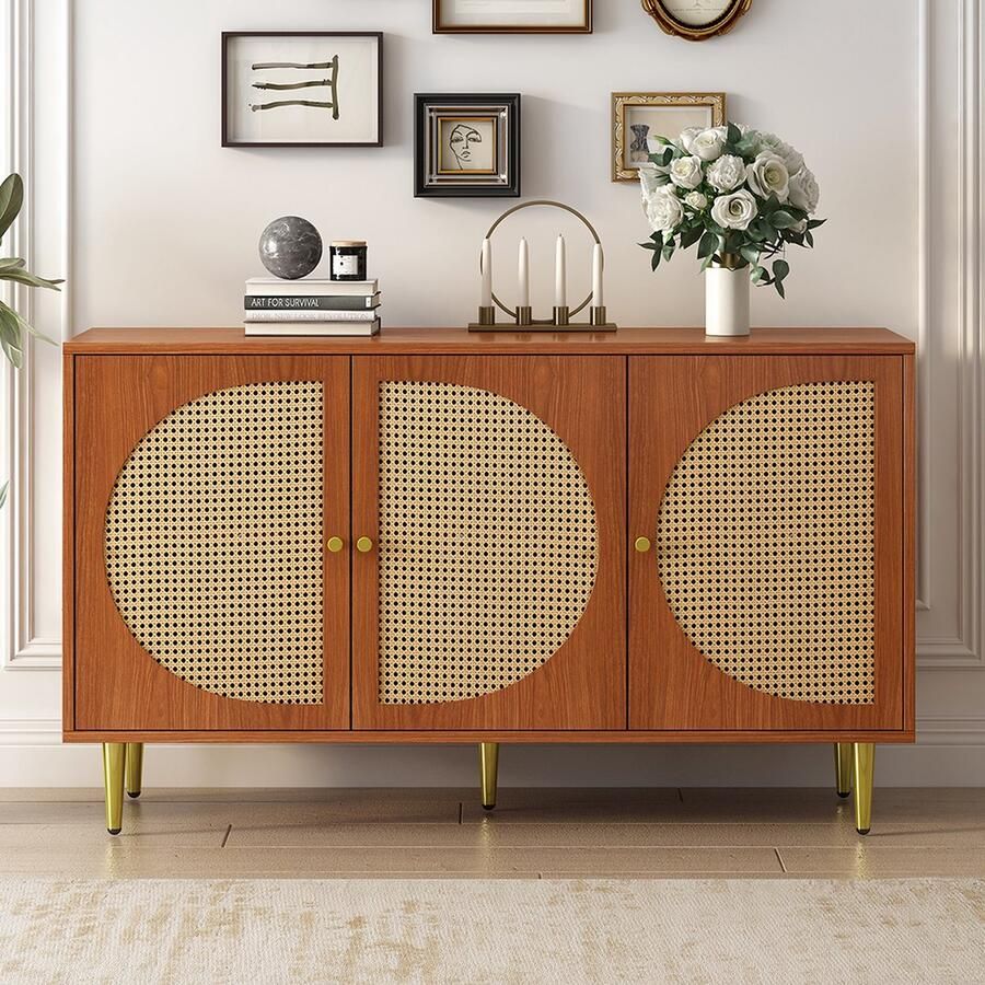 KOMHTOM Kast Dressoir met 3 rotan deuren Ladekast met metalen handgrepen voor woonkamer bureau Bruin