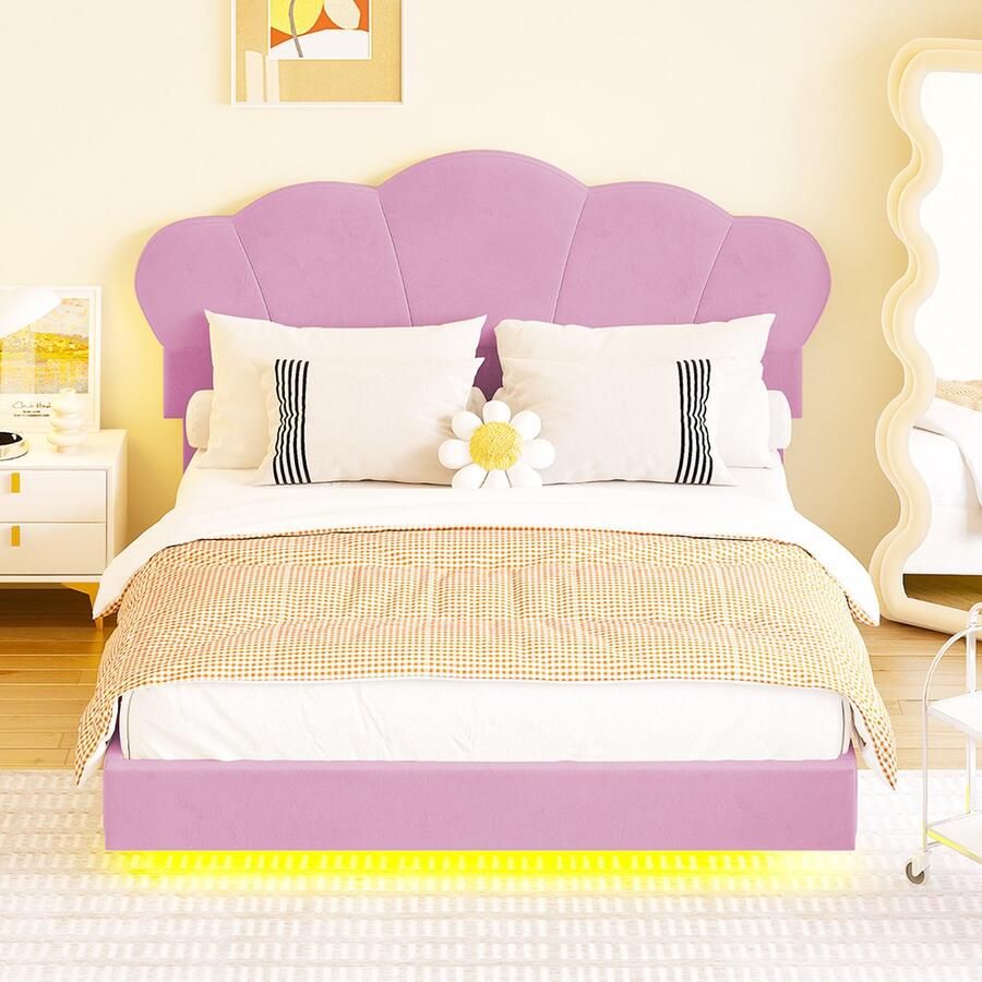 KOMHTOM Kinderbed 140x200 cm met LED-balk rond de rand wolkvormig hoofdeinde verborgen voeteneind roze