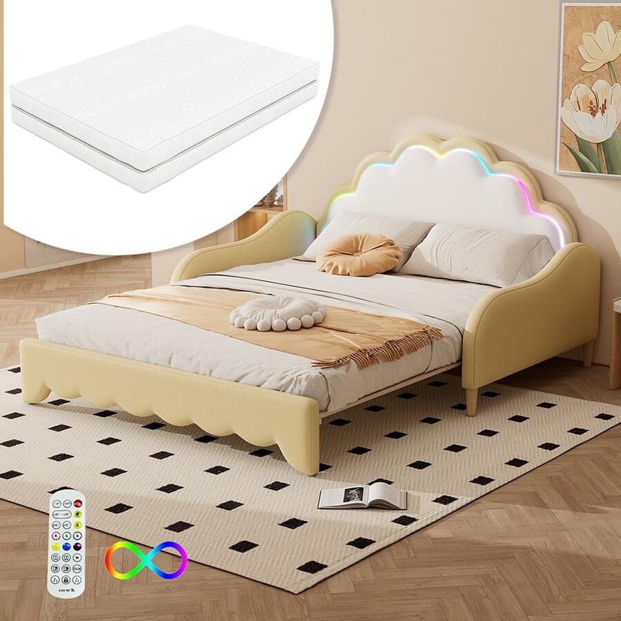 KOMHTOM Kinderbed 140x200 cm slaapbank om te bouwen tot plat bed hoofdeinde met sfeerverlichting Geel met matras
