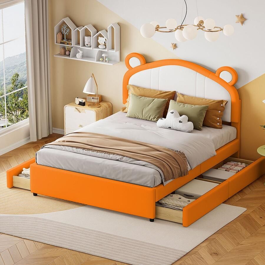 KOMHTOM Kinderbed 140x200 cm tweekleurig patchwork met leuke oortjes met opbergvakken imitatieleer stof oranje