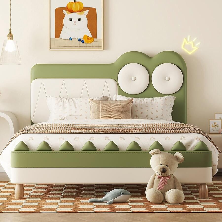 KOMHTOM Kinderbed 140x200 cm Tweepersoonsbed Jeugdbed Krokodilvorm Cartoon Plat Bed PU Groen