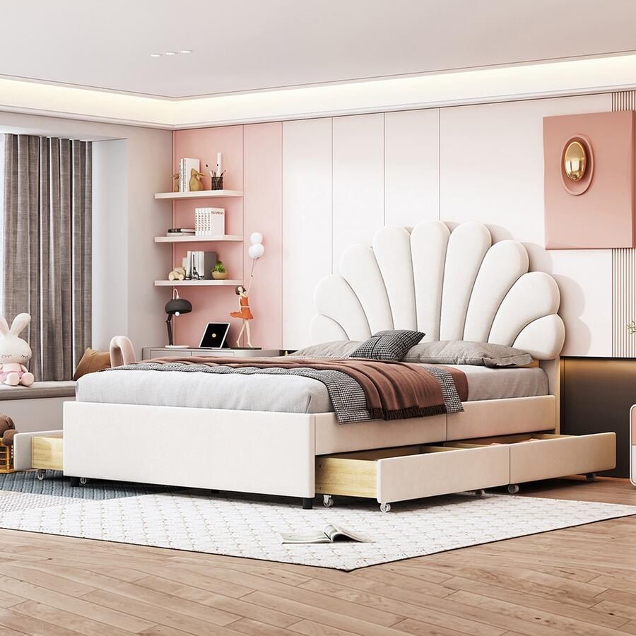 KOMHTOM Kinderbed 140x200 cm Tweepersoonsbed met 2 opbergvakken logeerbed fluwelen stof beige