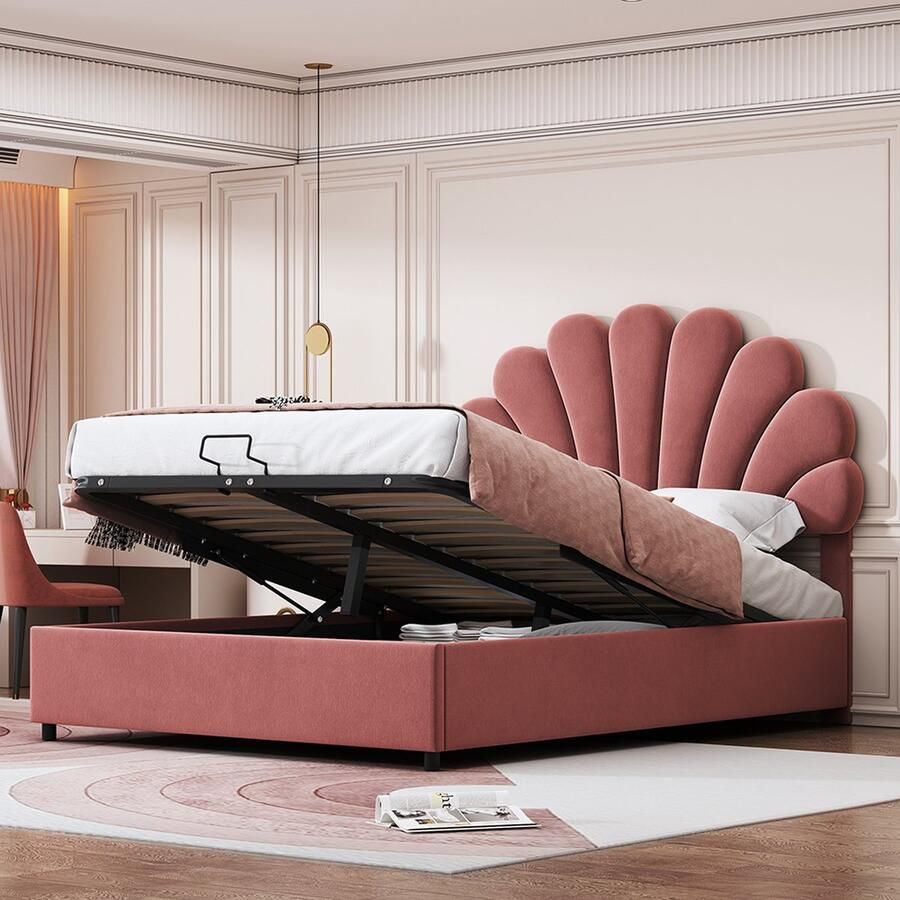 KOMHTOM Kinderbed 140x200 cm Tweepersoonsbed met hydraulische opbergruimte logeerbed fluwelen stof roze