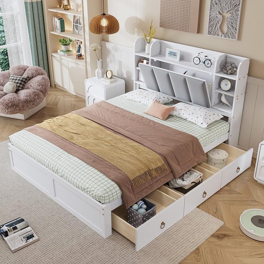 KOMHTOM Kinderbed 140x200 cm Tweepersoonsbed met Rollen Metalen Handgrepen Opbergvak met Oprolbare Deur Wit+Grijs