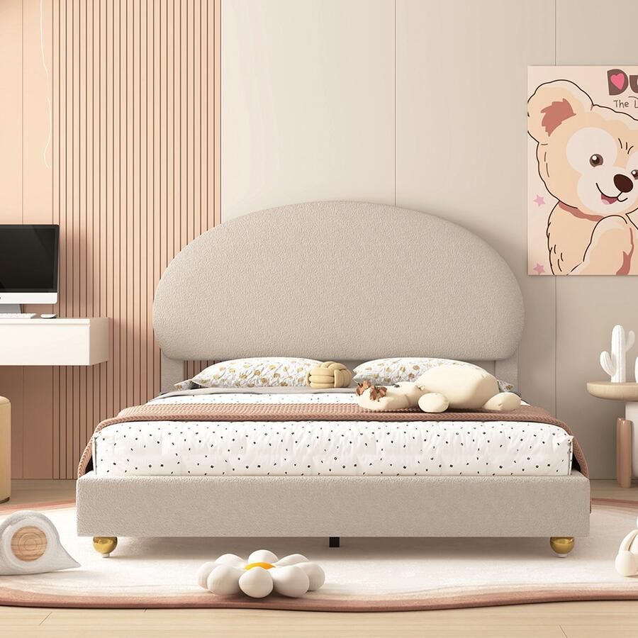 KOMHTOM Kinderbed 140x200 Tweepersoonsbed met gebogen hoofdbord en lattenbodem gestoffeerd bed beige
