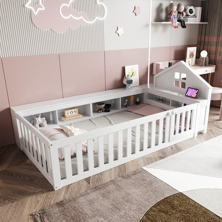 KOMHTOM Kinderbed 90 x 200 cm met rand en raam met opbergvak met veiligheidshek en deur rondom veiligheidsbescherming massief houten bed met lattenbodem eenpersoonsbed wit