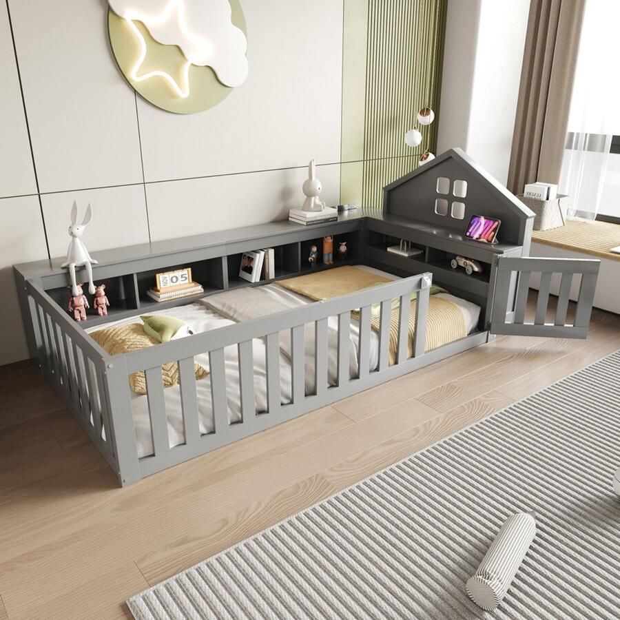 KOMHTOM Kinderbed 90 x 200 cm met rand en raam met opbergvak met veiligheidshek en deur rondom veiligheidsbescherming massief houten bed met lattenbodem eenpersoonsbed grijs