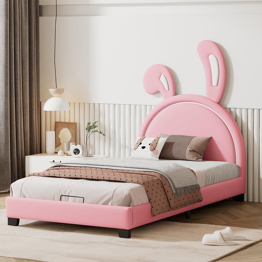 KOMHTOM Kinderbed 90x200 cm Bed voor jongens en meisjes konijnenoor vorm roze