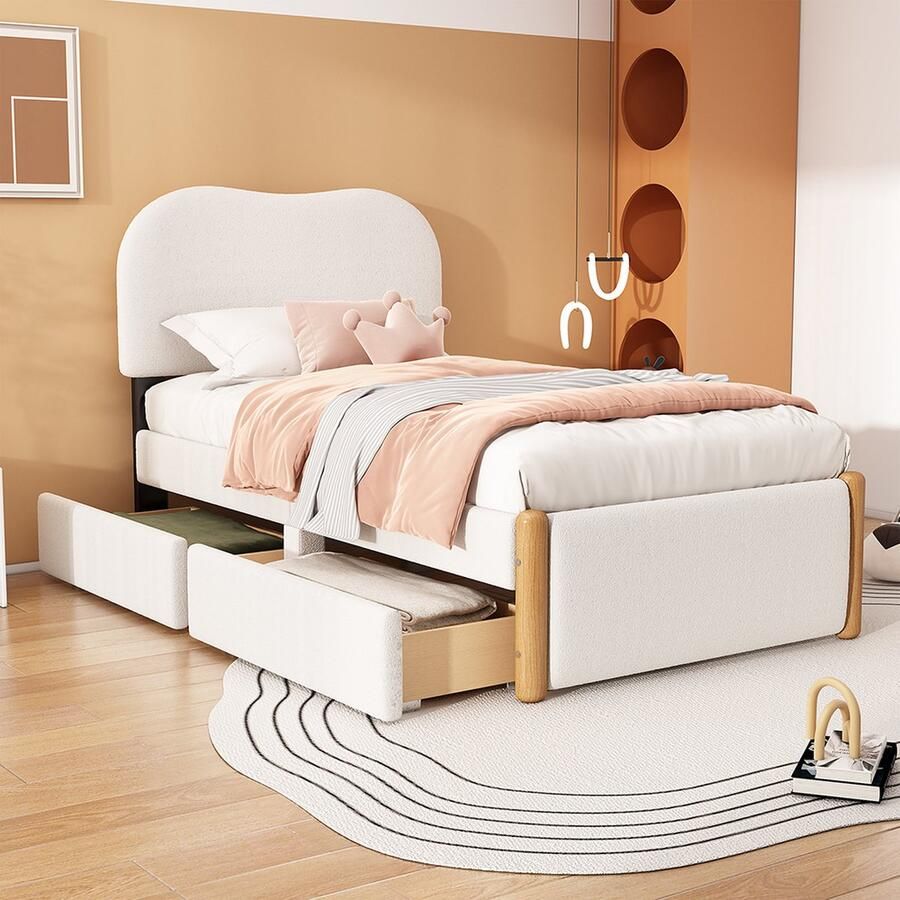 KOMHTOM Kinderbed 90x200 cm Eenpersoonsbed Gestoffeerd bed met dubbele laden links of rechts te plaatsen wit