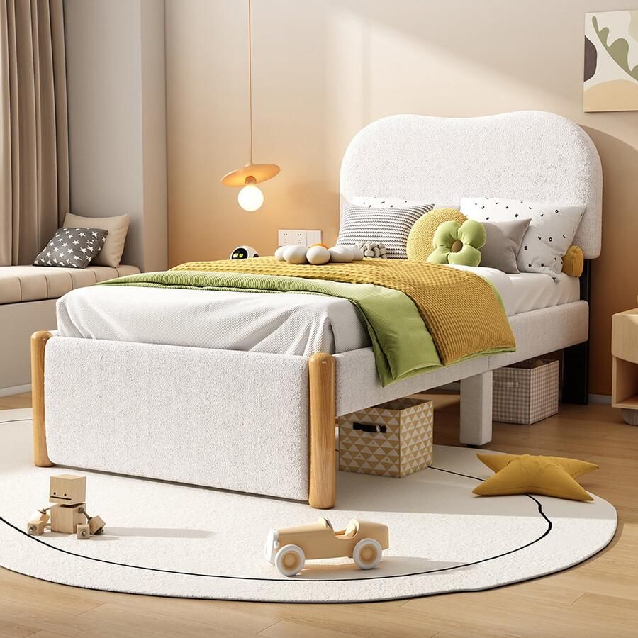 KOMHTOM Kinderbed 90x200 cm Eenpersoonsbed Gestoffeerd bed minimalistische styling wit