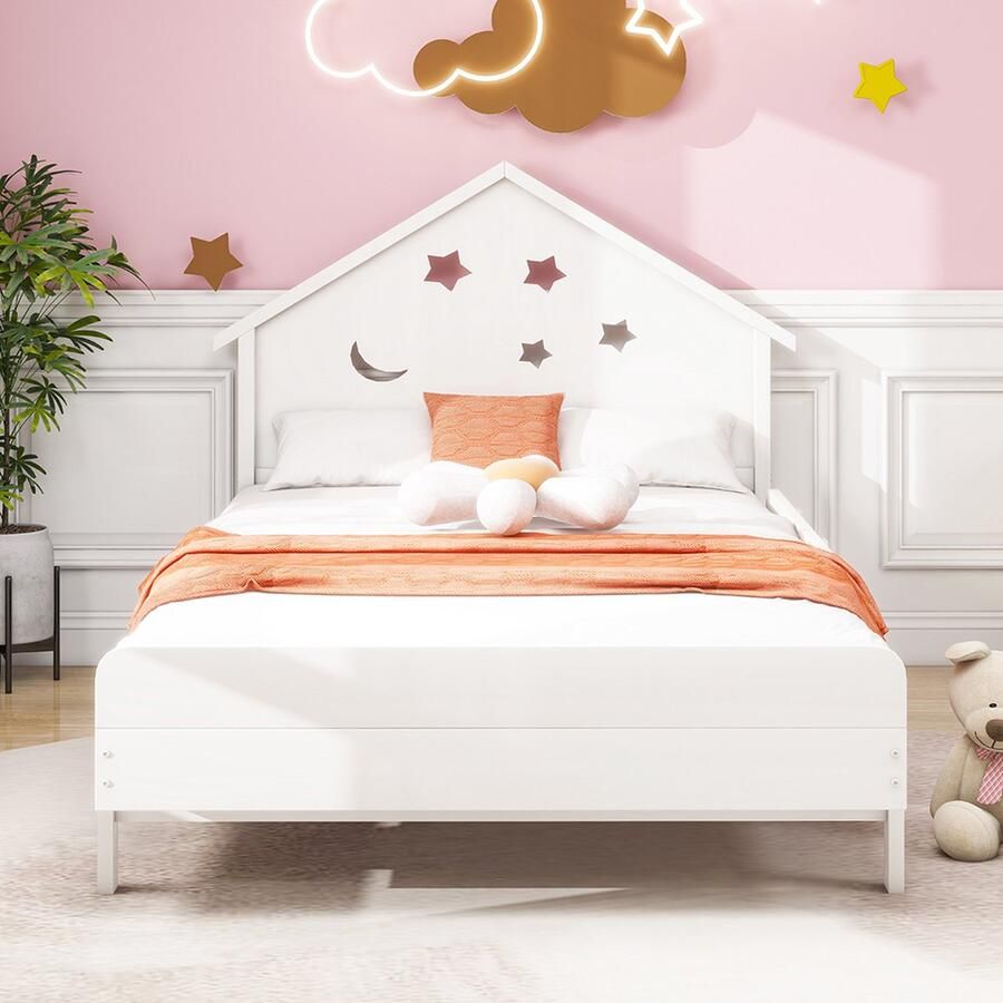 KOMHTOM Kinderbed 90x200 cm éénpersoonsbed in massief hout maansterpatroon verhoogd bed wit