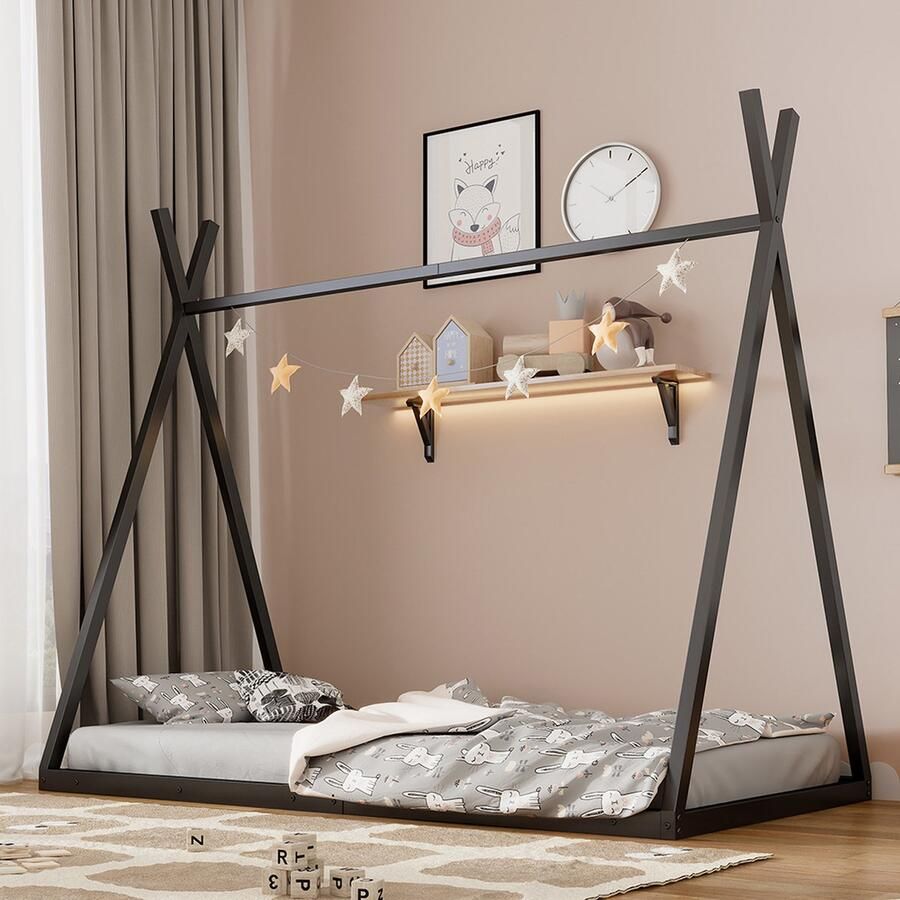 KOMHTOM Kinderbed 90x200 cm Kajuitbed ijzeren frame Driehoek Zwart