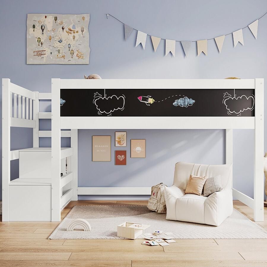 KOMHTOM Kinderbed 90x200 cm Kajuitbed Verhoogd bed met valbescherming Wit