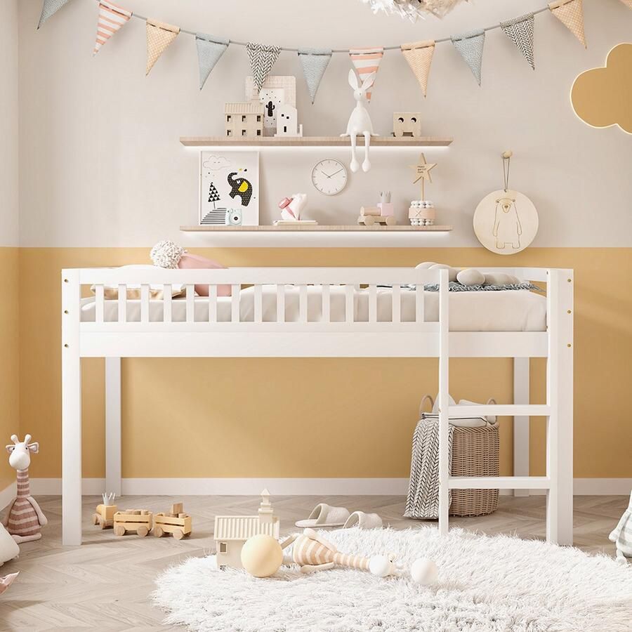 KOMHTOM Kinderbed 90x200 cm massief houten bed met lattenbodem met veiligheidsladder wit