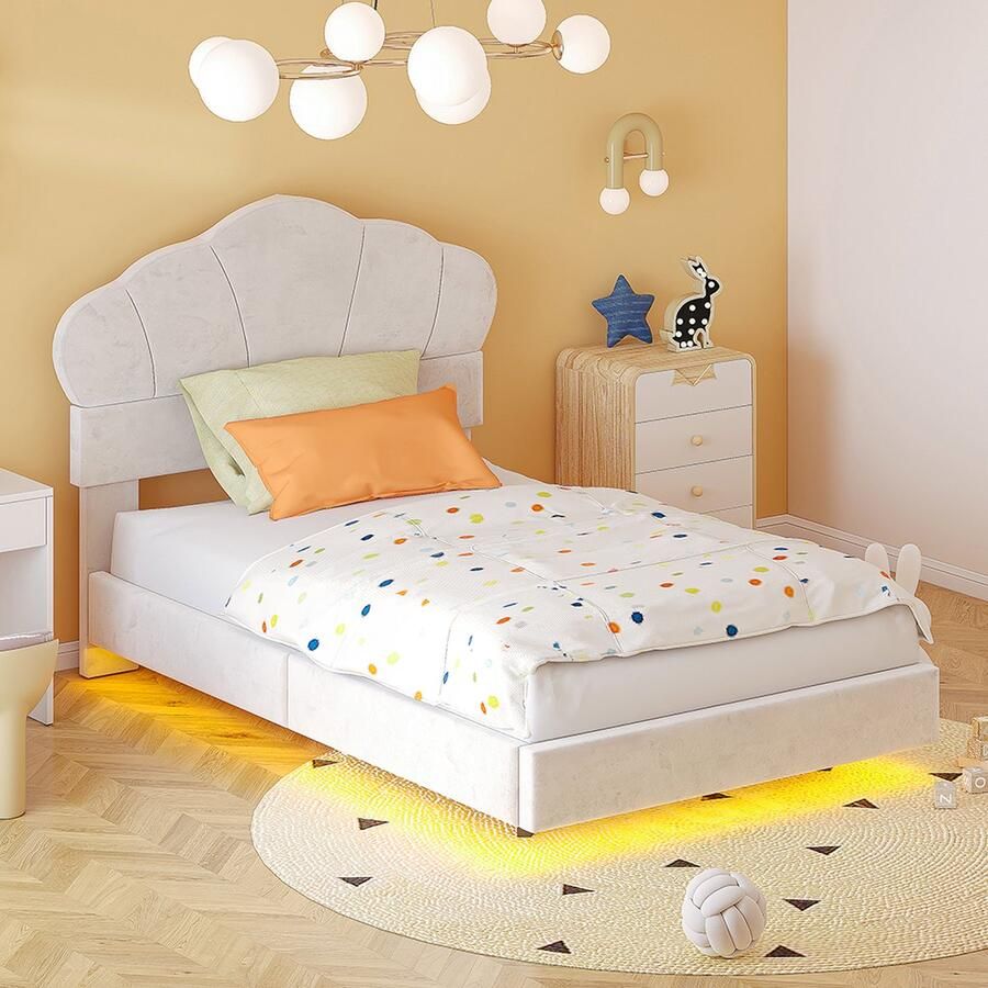 KOMHTOM Kinderbed 90x200 cm met LED-balk rond de rand wolkvormig hoofdeinde verborgen voeteneind beige