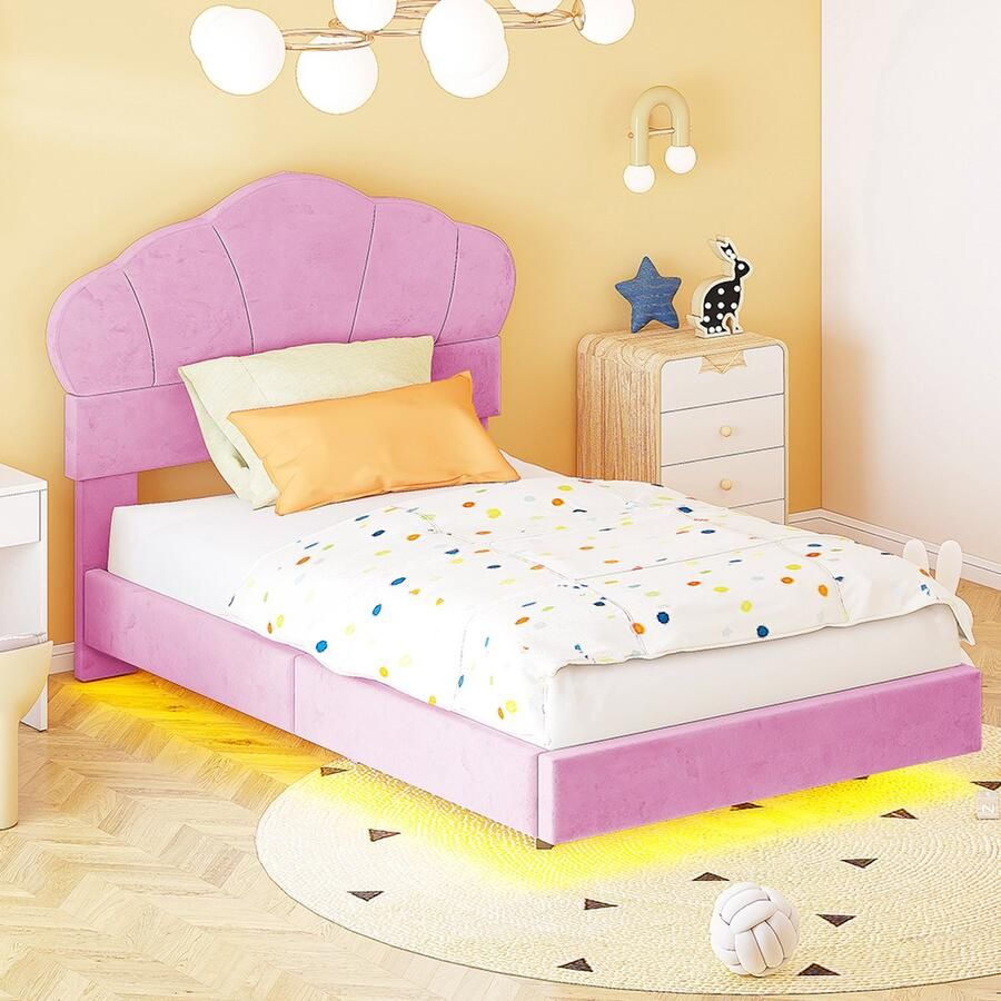 KOMHTOM Bed Kinderbed 90x200 cm met LED-balk rond de rand wolkvormig hoofdeinde verborgen voeteneind roze - Foto 2