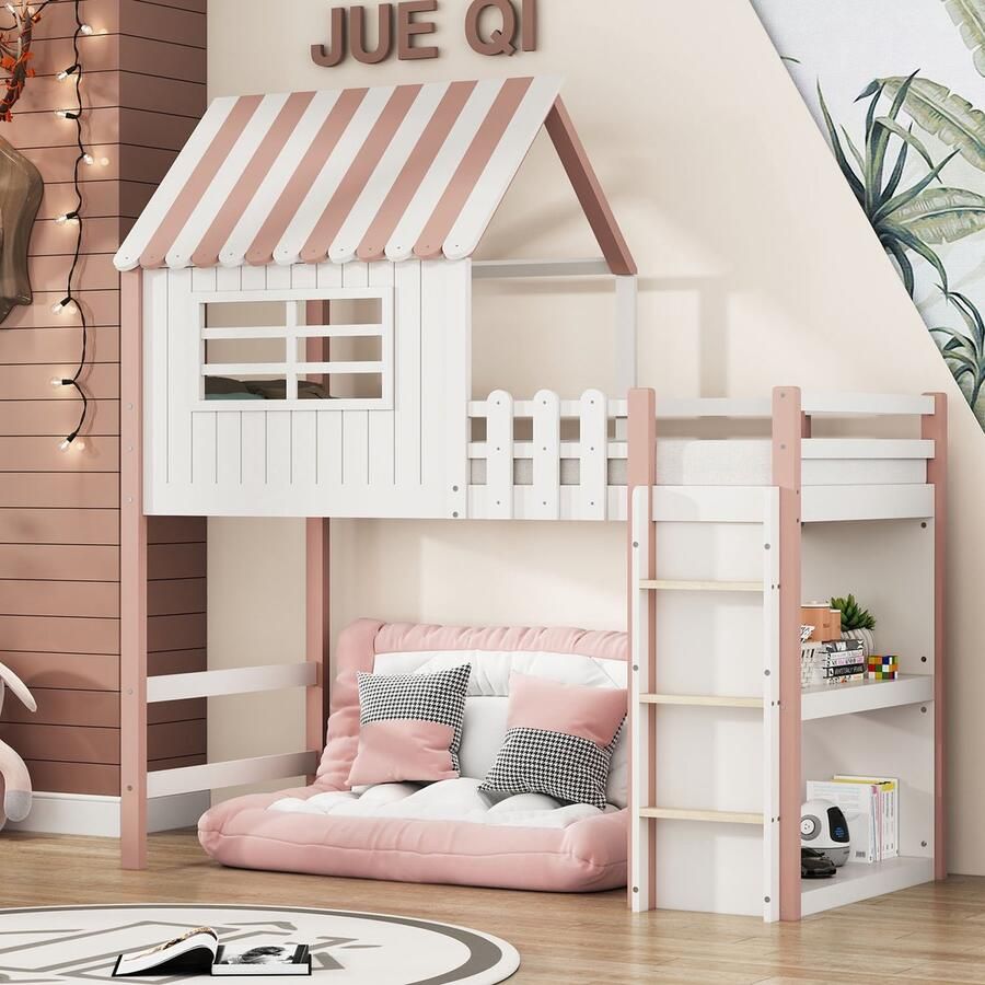 KOMHTOM Kinderbed 90x200 cm met veiligheidsladder met opbergvak bed Massief houten bed met lattenbodem Roze