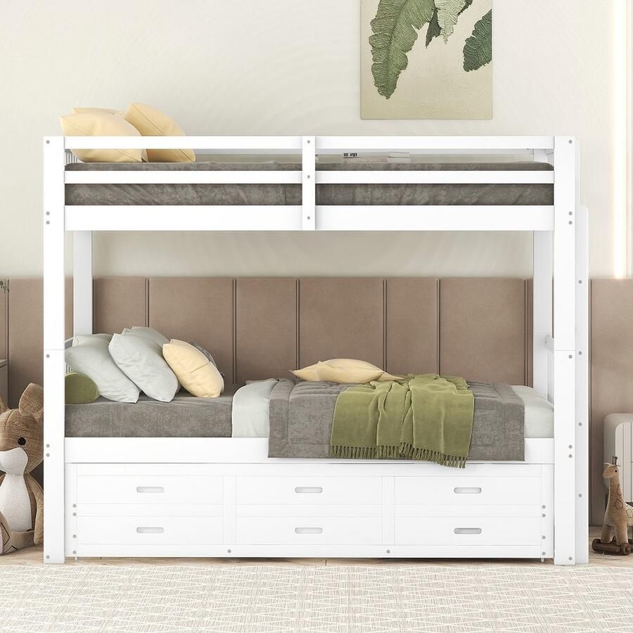 KOMHTOM Kinderbed 90x200 cm Stapelbaar stapelbed met ladder en uitschuifbaar bed en 3 laden Wit