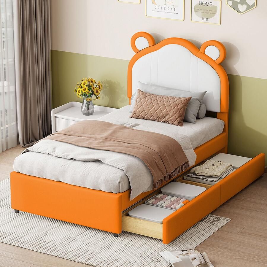 KOMHTOM Bed Kinderbed 90x200 cm tweekleurig patchwork met leuke oortjes met opbergvakken oranje