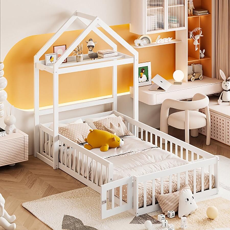 KOMHTOM Kinderbed 90x200 massief houten bed met opbergvak vol veiligheidshekdeuren en lattenbodem wit