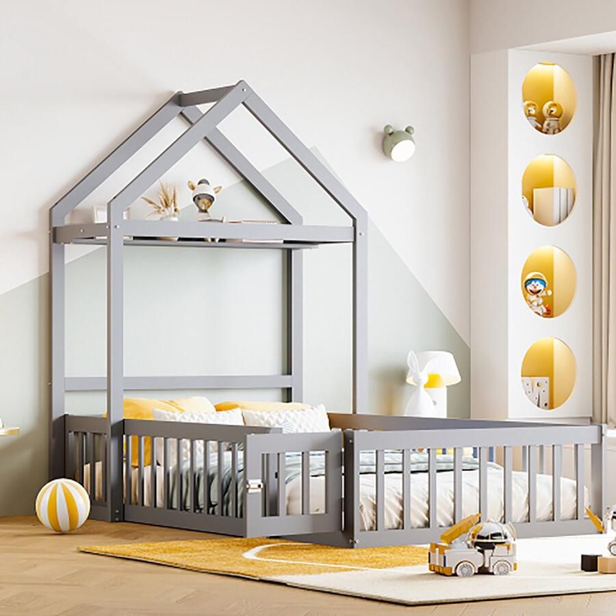 KOMHTOM Kinderbed 90x200 massief houten bed met opbergvak vol veiligheidshekdeuren en lattenbodem grijs
