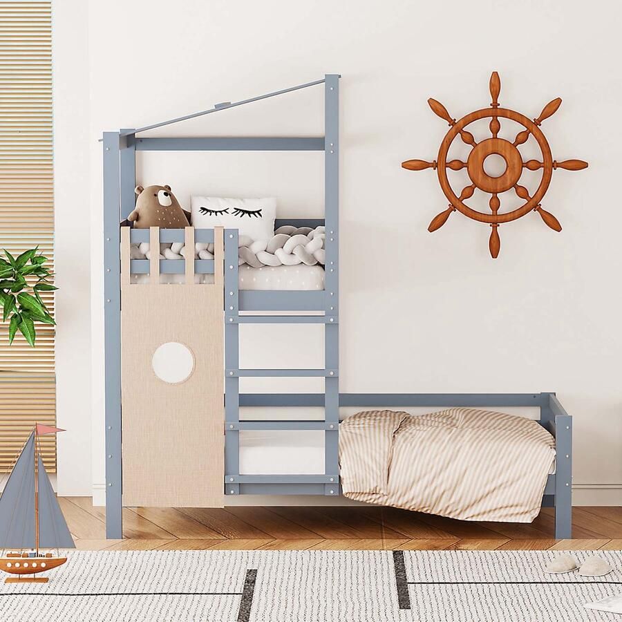 KOMHTOM Kinderbed 90x200 Stapelbed met dak Premium massief houten bed met lattenbodem Grijs