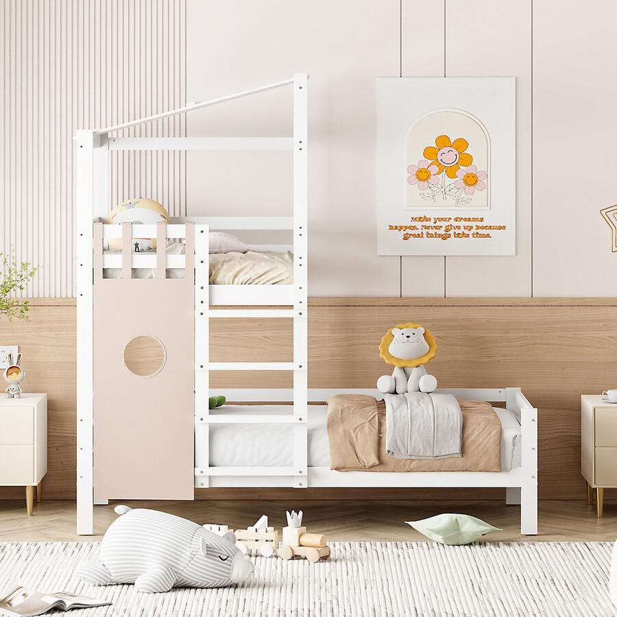 KOMHTOM Kinderbed 90x200 Stapelbed met dak Premium massief houten bed met lattenbodem Wit