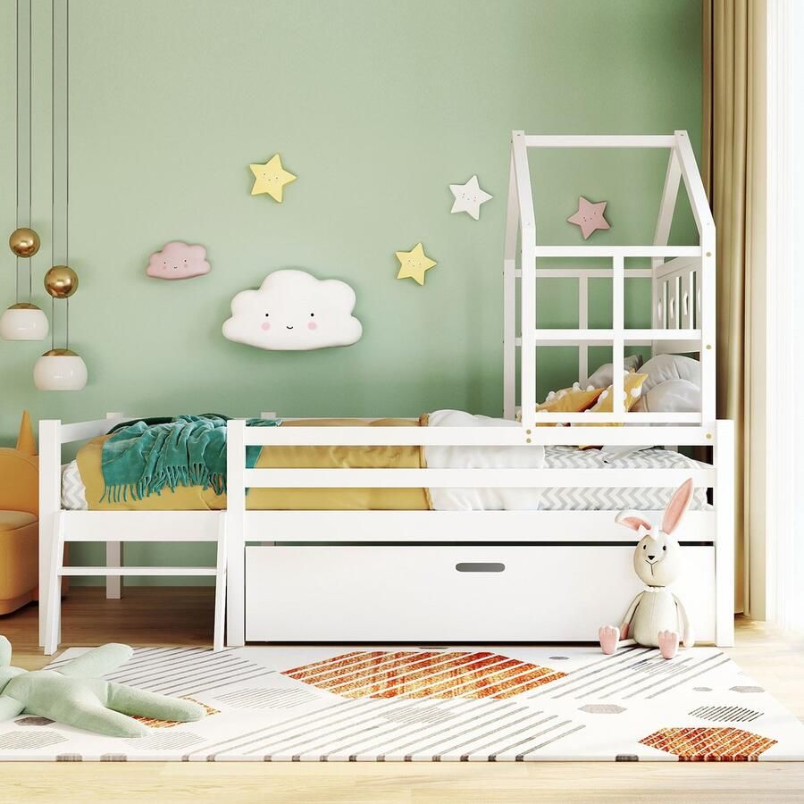 KOMHTOM Kinderbed 90x200cm met ladder en lades Mezzanine bed in massief hout met valbescherming wit