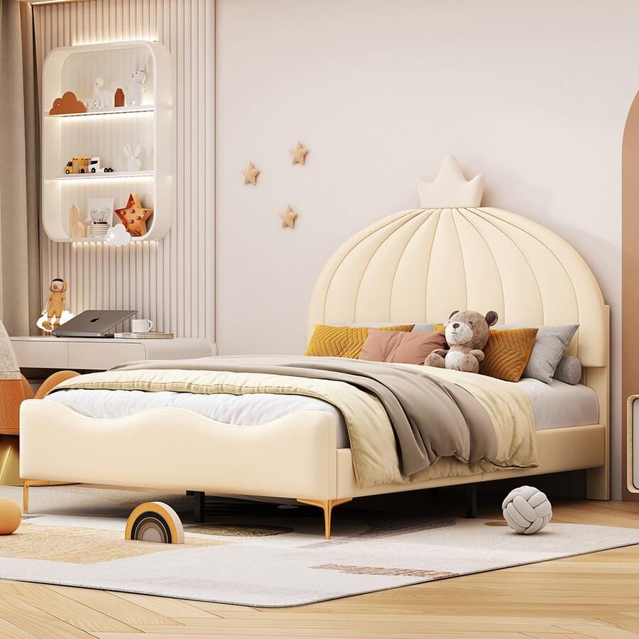 KOMHTOM Kinderbed Bed 140x200 cm Cartoon hoofdbord met kroonlijst Imitatieleren stof Hoge metalen poten met lattenbodem Beige