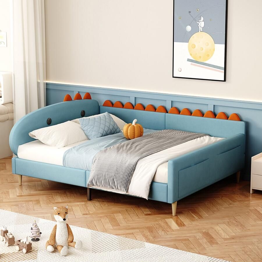 KOMHTOM Kinderbed bed 140x200 cm dinosaurusvorm met opbergvakken Slaapbank met rugleuning en armleuningen Fluwel Blauw