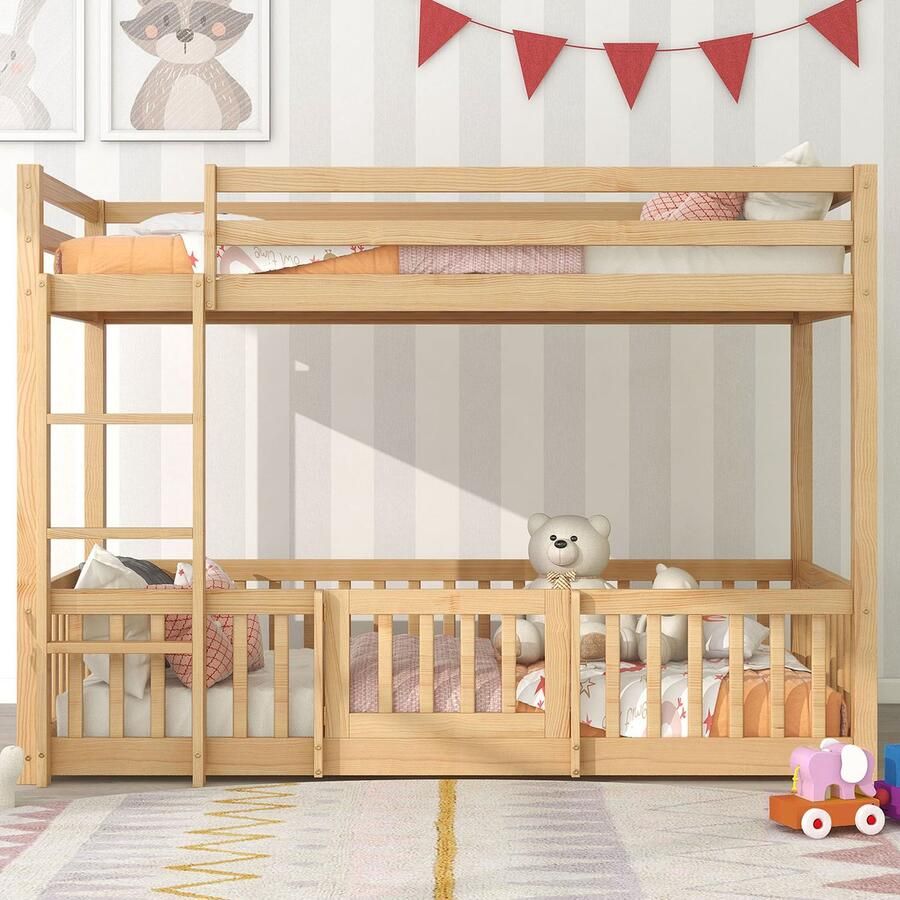 KOMHTOM Kinderbed Bed 200x90 cm Stapelbed met rechte treden Bed met rails en deurtjes Natuurlijk