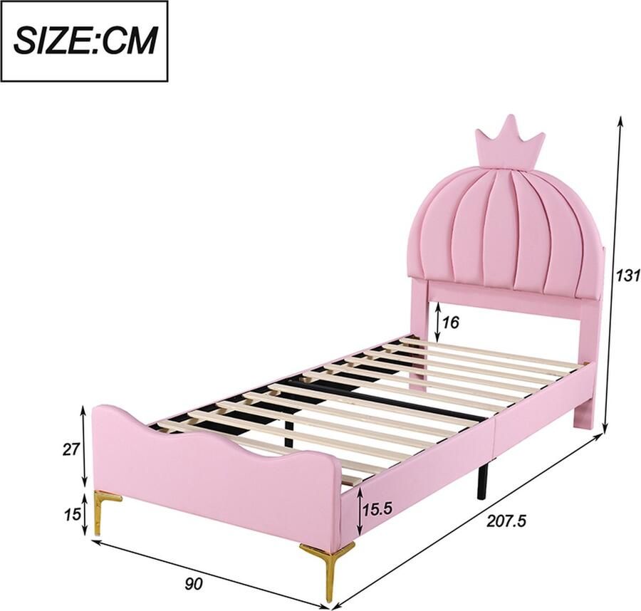 KOMHTOM Kinderbed Bed 90x200 cm Cartoon hoofdbord met kroonlijst Imitatieleren stof Hoge metalen poten met lattenbodem Roze