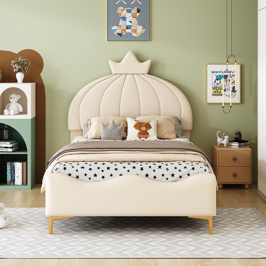 KOMHTOM Kinderbed Bed 90x200 cm Cartoon hoofdbord met kroonlijst Imitatieleren stof Hoge metalen poten met lattenbodem Beige