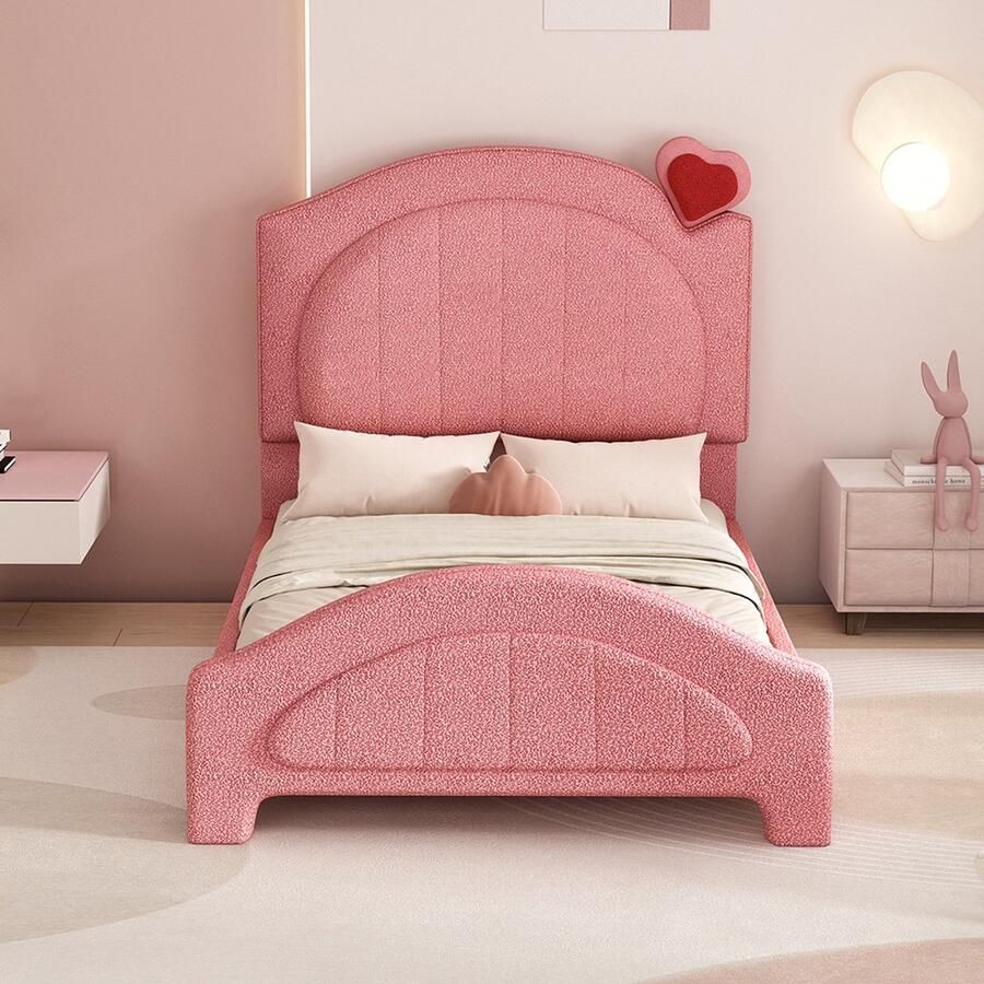 KOMHTOM Kinderbed bed 90x200 cm Uniek driedimensionaal reliëfontwerp In hoogte verstelbaar hoofdeinde Teddybeerstof Roze