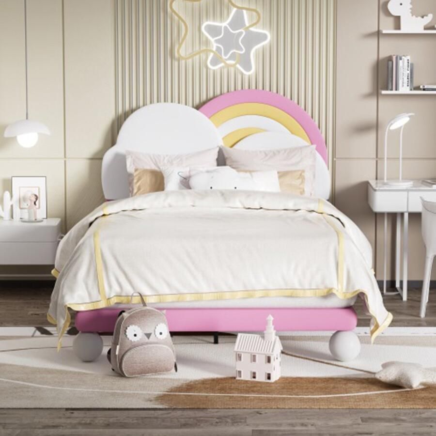 KOMHTOM Kinderbed Tweepersoonsbed 140x200 cm en in hoogte verstelbaar hoofdeinde voor jongeren PU-roze