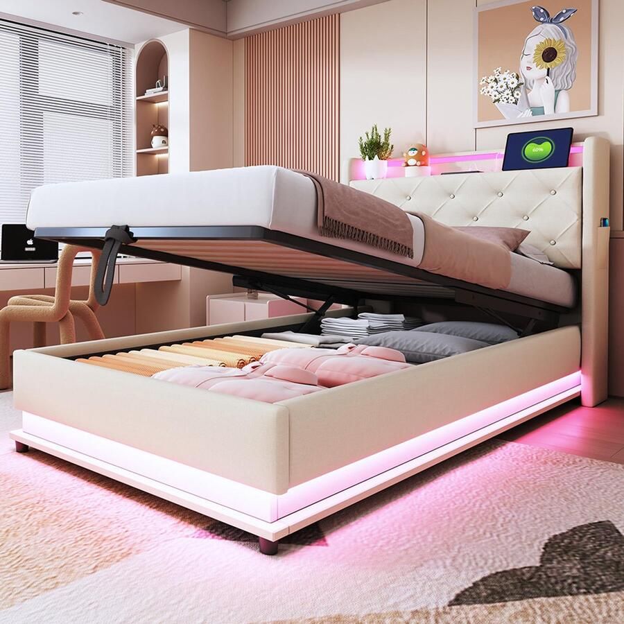 KOMHTOM Kinderbed Chest bed 90x200 cm met kleurveranderlijke verlichting en USB-aansluiting opklapbaar hoofdeinde met hydraulische opbergruimte met beige linnen zak