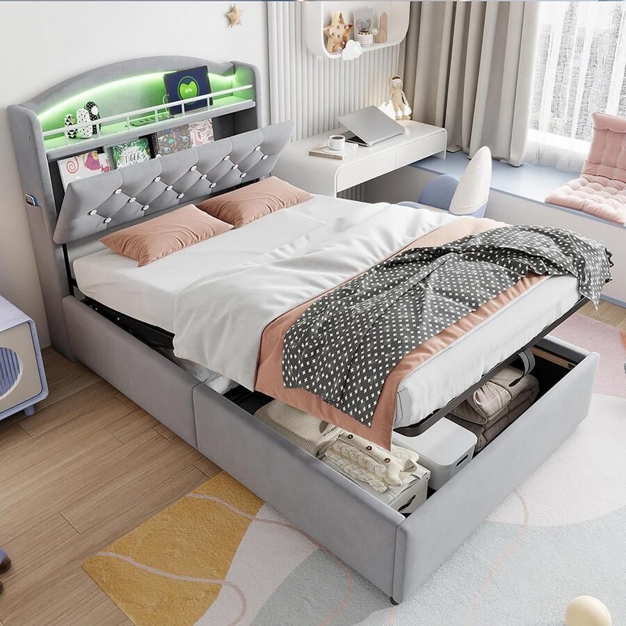 KOMHTOM Kinderbed Chest bed 90x200 fluweel eenpersoons multifunctioneel bed met LED en USB-opbergruimte grijs