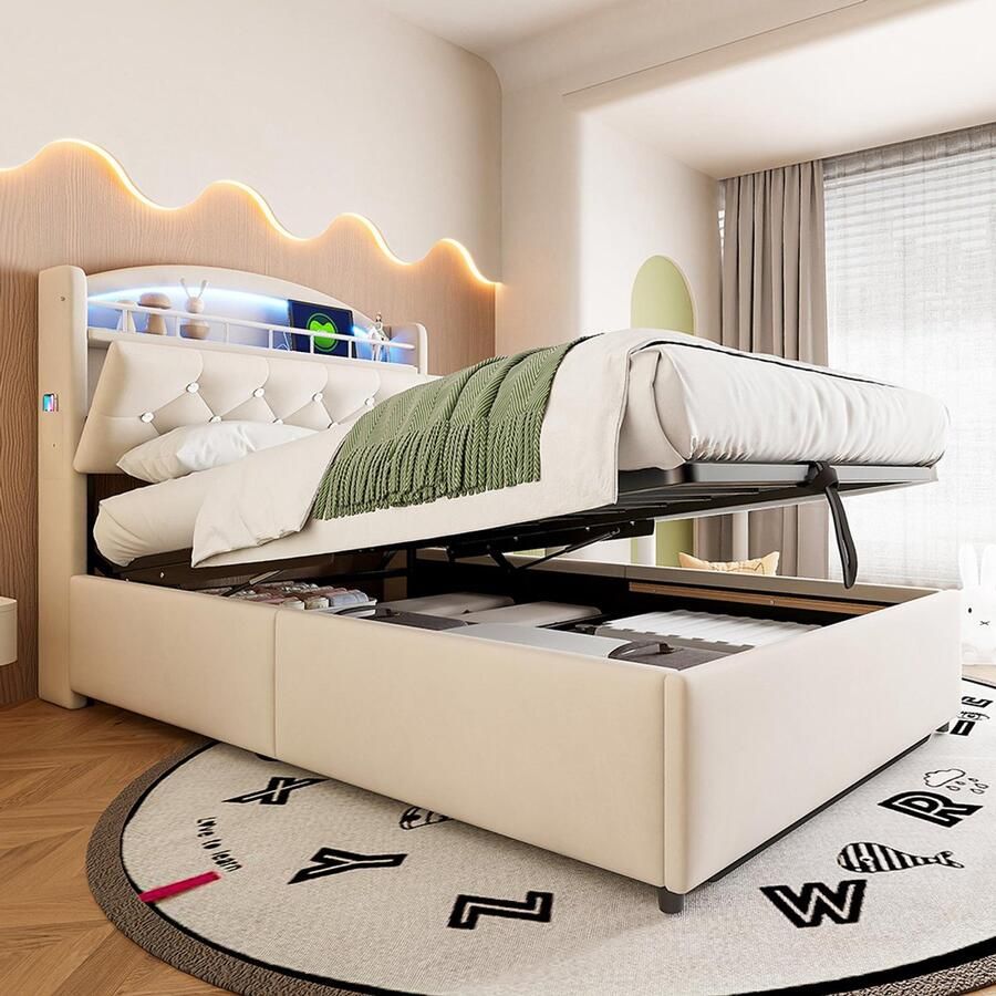 KOMHTOM Kinderbed Chest bed 90x200 fluweel eenpersoons multifunctioneel bed met LED en USB-opbergruimte beige