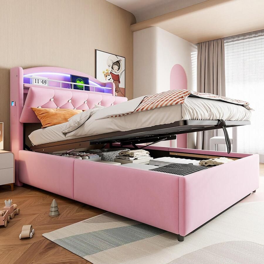 KOMHTOM Kinderbed Chest bed 90x200 fluweel eenpersoons multifunctioneel bed met LED en USB-opbergruimte roze