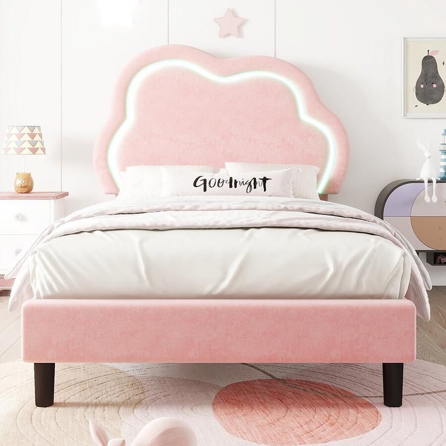 KOMHTOM Kinderbed Eenpersoonsbed 90 x 200 cm met afstandsbediening Verlichting Verstelbaar hoofdeinde Hout Lattenbodem Fluweel Roze