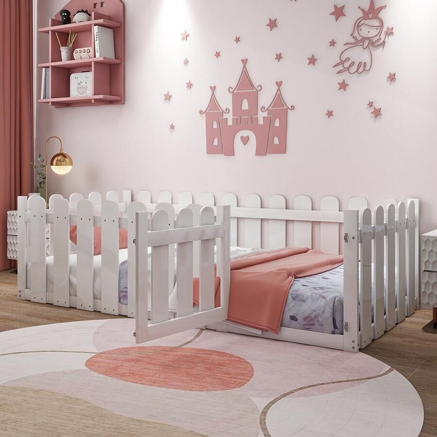 KOMHTOM Kinderbed Eenpersoonsbed 90 x 200 cm met houten frame en deur Wit