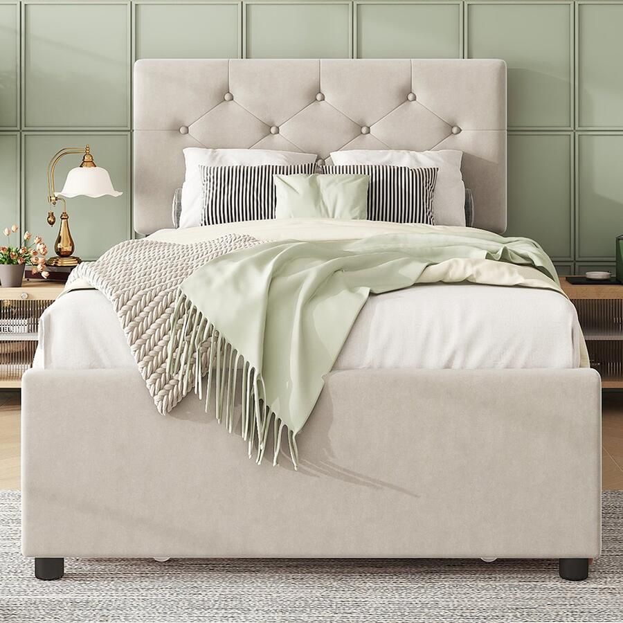 KOMHTOM Kinderbed Eenpersoonsbed 90 x 200 cm met onderschuifbed Fluweel Beige