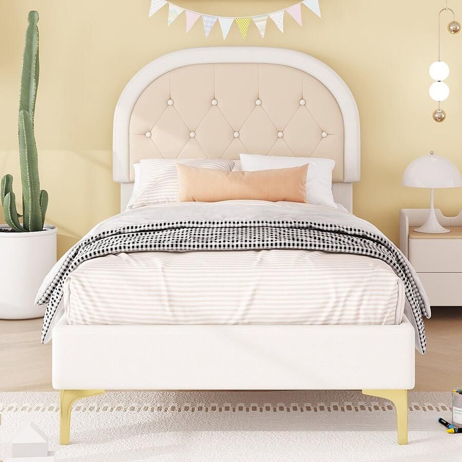 KOMHTOM Kinderbed Eenpersoonsbed 90 x 200 cm Metalen poten Gebogen hoofdeinde Fluweel Beige