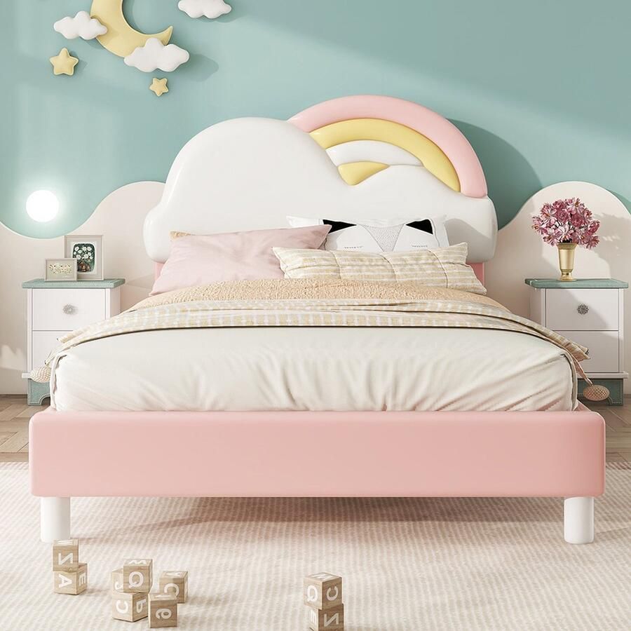 KOMHTOM Kinderbed Eenpersoonsbed 90 x 200 cm Regenboogvorm Wolken Hout Lattenbodem PU Roze