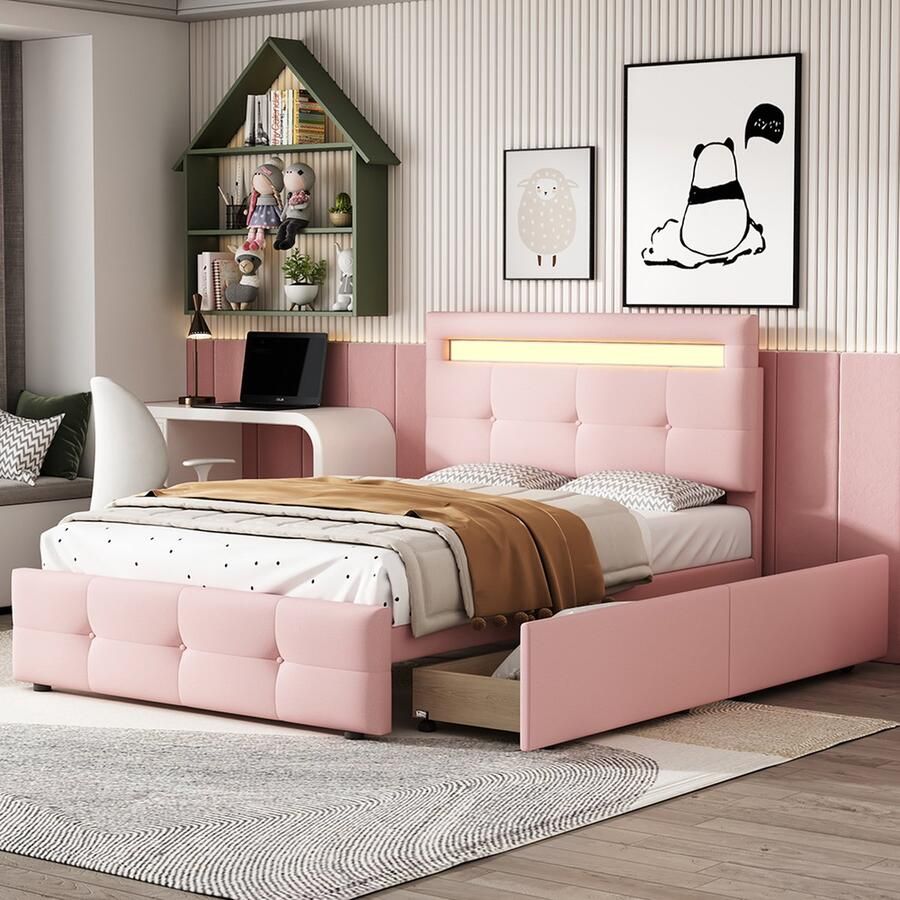 KOMHTOM kinderbed Eenpersoonsbed 90x200 cm Bed met laden Gestoffeerd bed met LED verlichting 2 laden roze