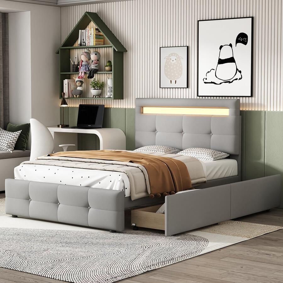 KOMHTOM kinderbed Eenpersoonsbed 90x200 cm Bed met laden Gestoffeerd bed met LED verlichting 2 laden grijs