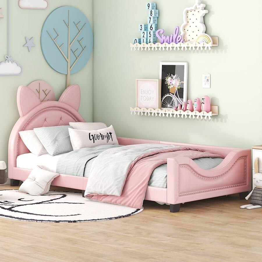 KOMHTOM Kinderbed Eenpersoonsbed 90x200 cm met kartonnen oren houten lattenbodem roze