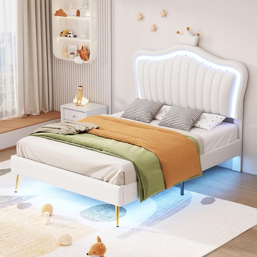 KOMHTOM Kinderbed Eenpersoonsbed 90x200 cm met LED verlichting Gestoffeerd bed wit PU leer