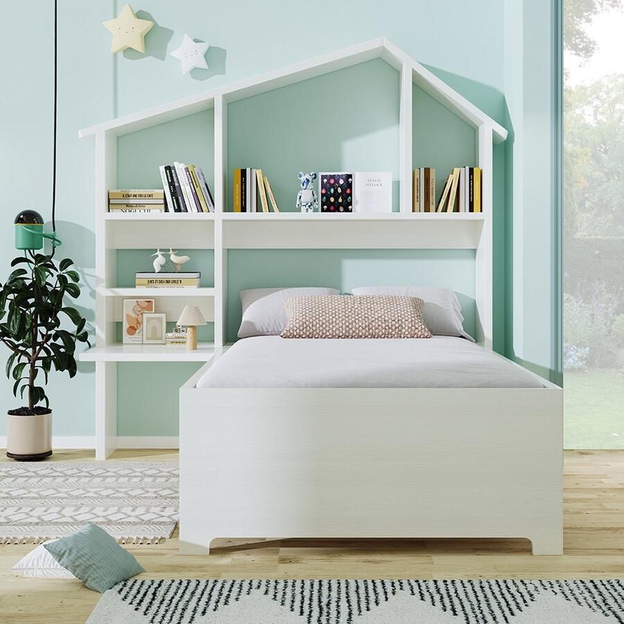 KOMHTOM Kinderbed Eenpersoonsbed 90x200 met boekenplanken en opbergruimte met hout lattenbodem antislip en ontwerp Wit