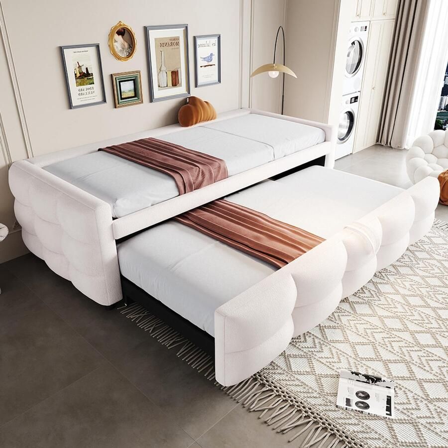 KOMHTOM Kinderbed Gekleurd bed Opvouwbaar bed Uitschuifbaar bed Nestbed 90 180x190 cm met lattenbodem multifunctioneel bed teddy fluweel stof beige